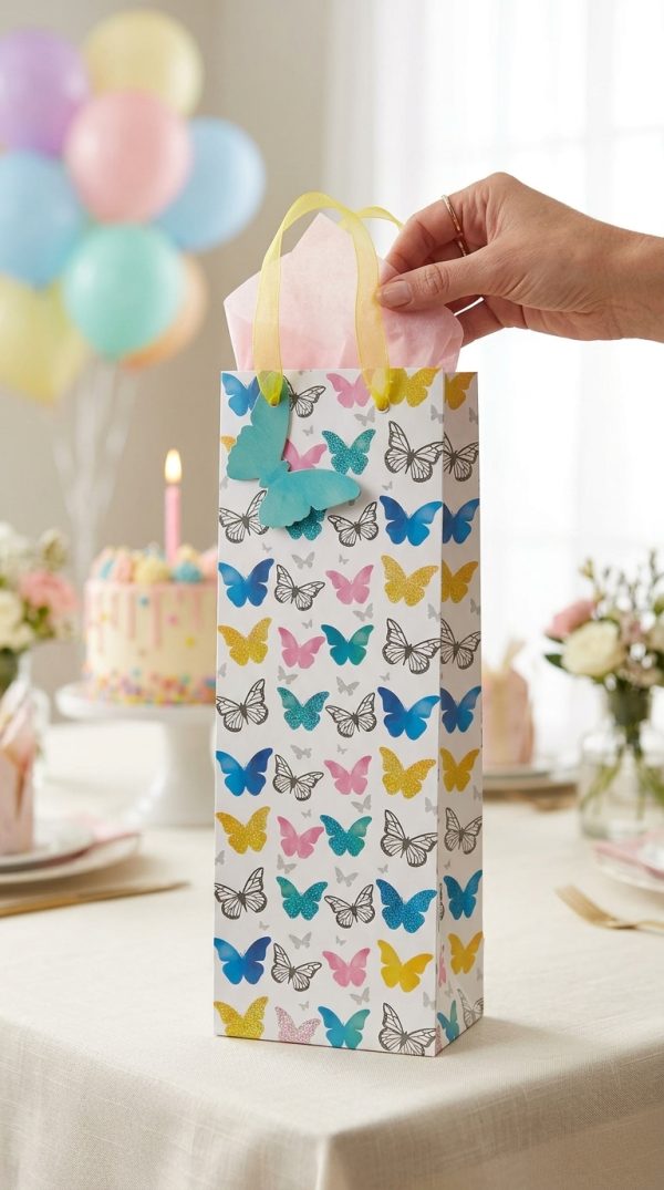 Bolsa de mariposas con papel de seda en una mesa de cumpleaños