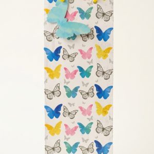 bolsa botella mariposas frontal Bolsa de regalo para botella con mariposas de colores y asas amarillas