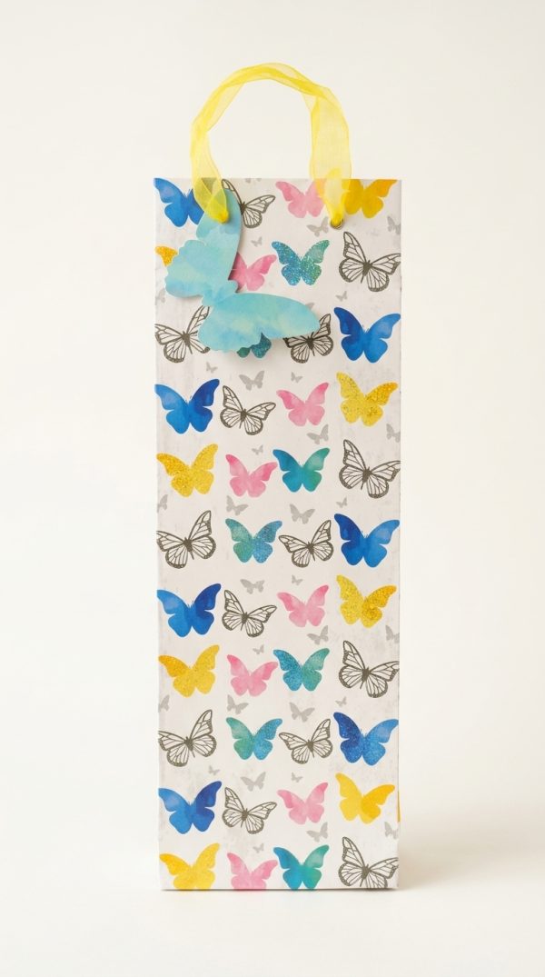 Bolsa de regalo para botella con mariposas de colores y asas amarillas
