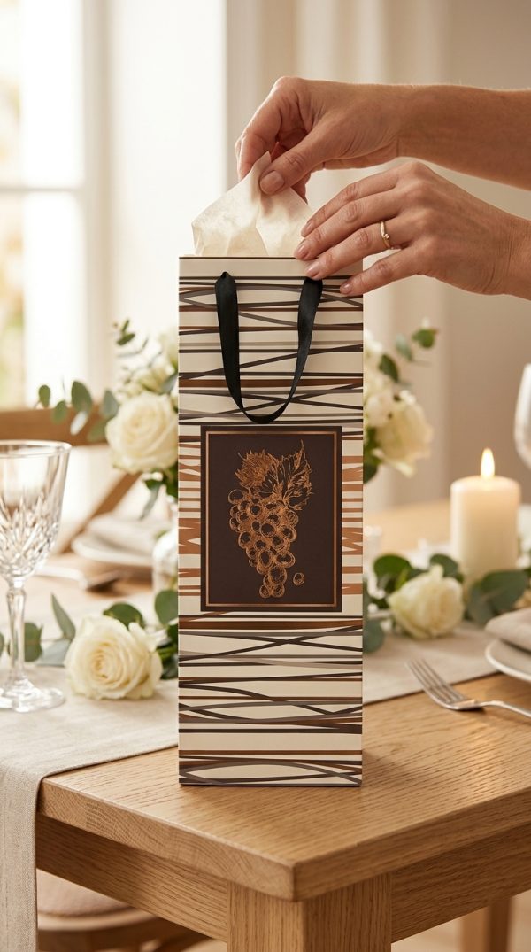 Bolsa de regalo con uvas y papel de seda en una mesa de celebración