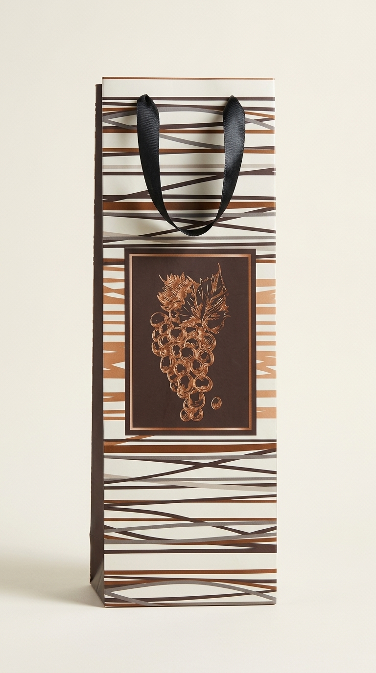 Bolsa de regalo para botella con racimo de uvas y líneas en tonos bronce