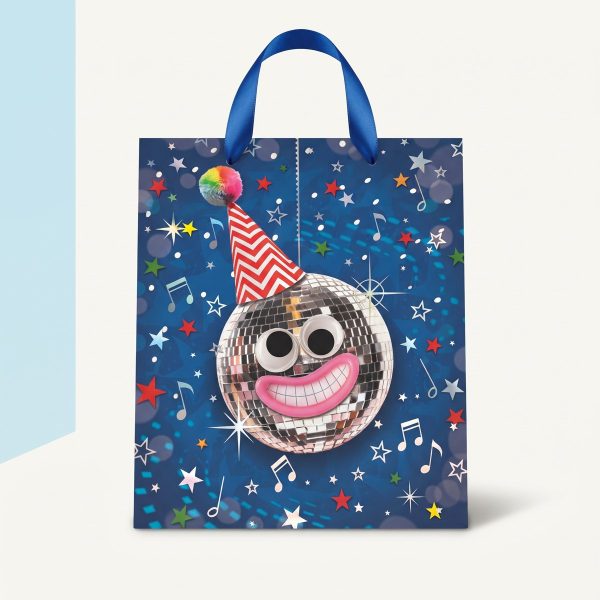 Bolsa de regalo de cumpleaños azul con bola de discoteca y asas azules