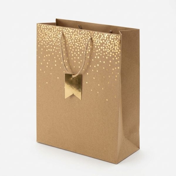 Bolsa de regalo kraft con lunares dorados, vista lateral