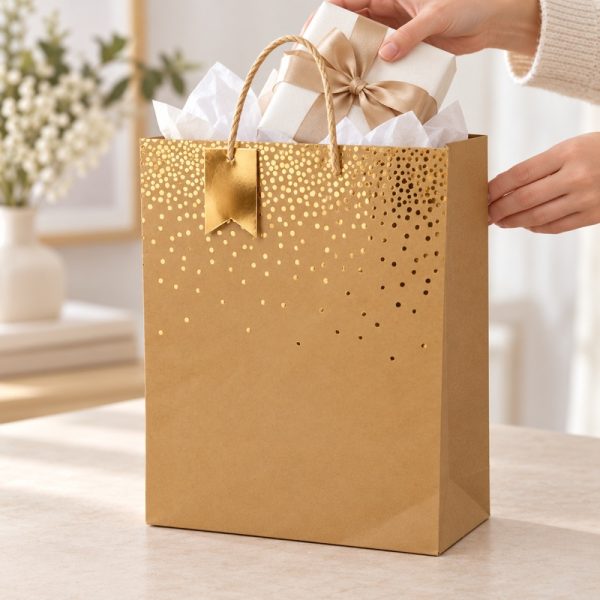 Bolsa de regalo kraft con lunares dorados, en uso para presentar un regalo