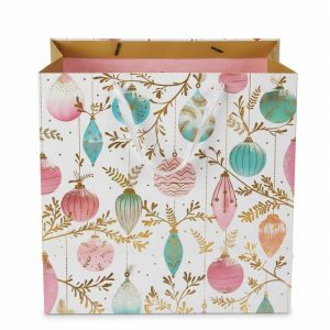 Bolsa de regalo navideña con bolas rosas y turquesas, vista principal