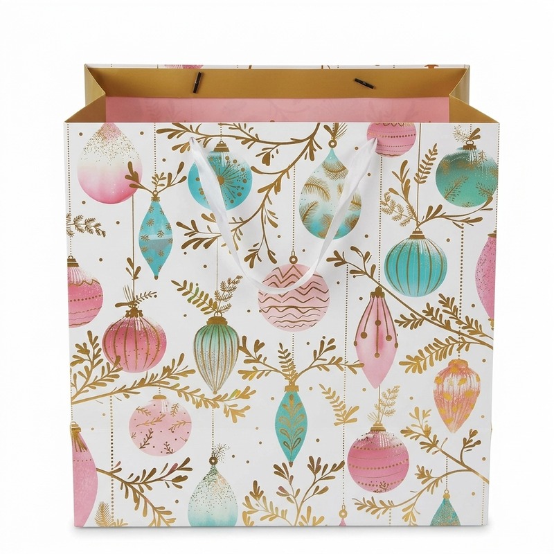 Bolsa de regalo navideña con bolas rosas y turquesas, vista principal