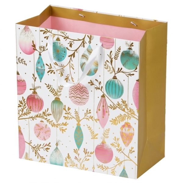 Bolsa de regalo navideña con bolas rosas y turquesas, vista lateral