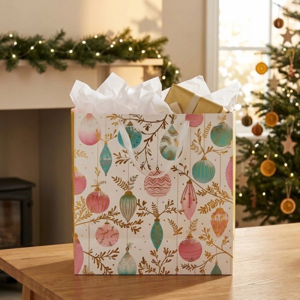Bolsa de regalo navideña con bolas rosas y turquesas, en uso para presentar un regalo