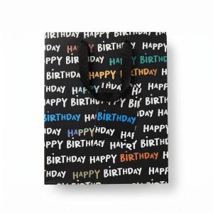 Bolsa de regalo negra Happy Birthday con asas de cinta y tarjeta decorativa
