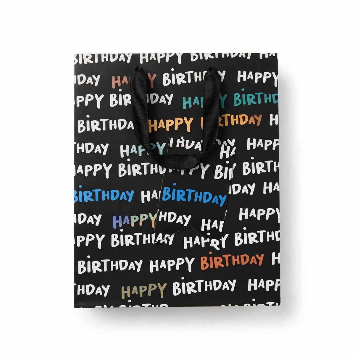 Bolsa de regalo negra Happy Birthday - portada Bolsa de regalo negra Happy Birthday con asas de cinta y tarjeta decorativa
