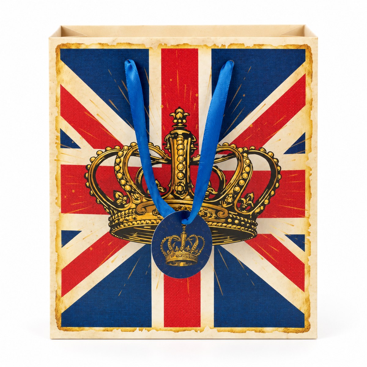 Bolsa de regalo bandera británica y corona - portada Bolsa de regalo con bandera británica, corona dorada estampada y asas azules