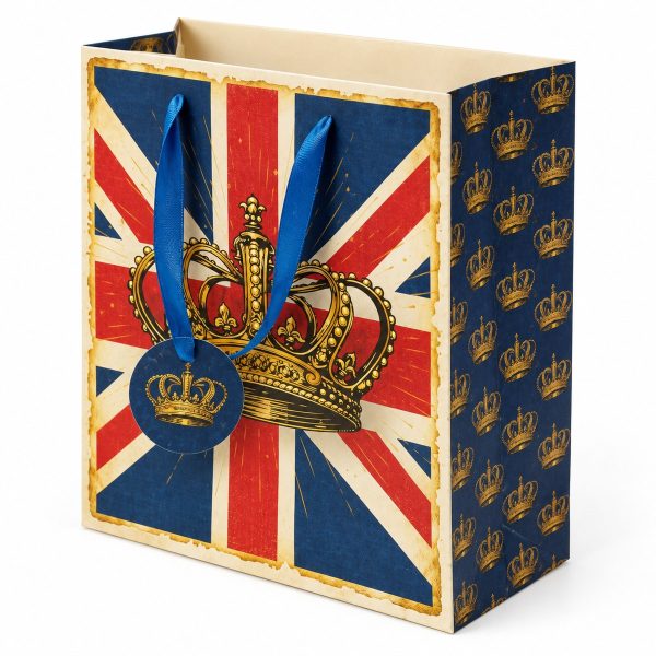 Vista lateral de bolsa Union Jack con pequeñas coronas sobre fondo azul marino