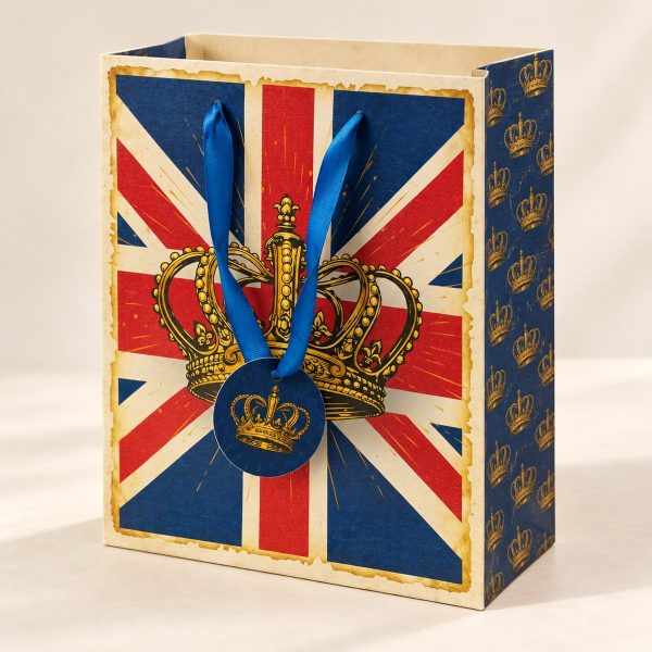 Bolsa de regalo estilo británico con corona sobre fondo crema