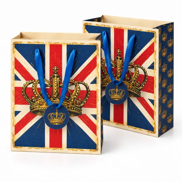 Dos bolsas de regalo con bandera británica y corona; venta por unidad