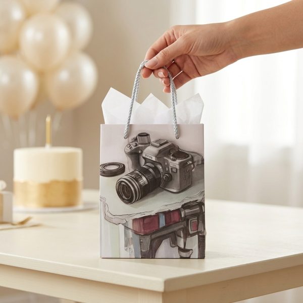 Bolsa de regalo con cámara de fotos presentada en un cumpleaños