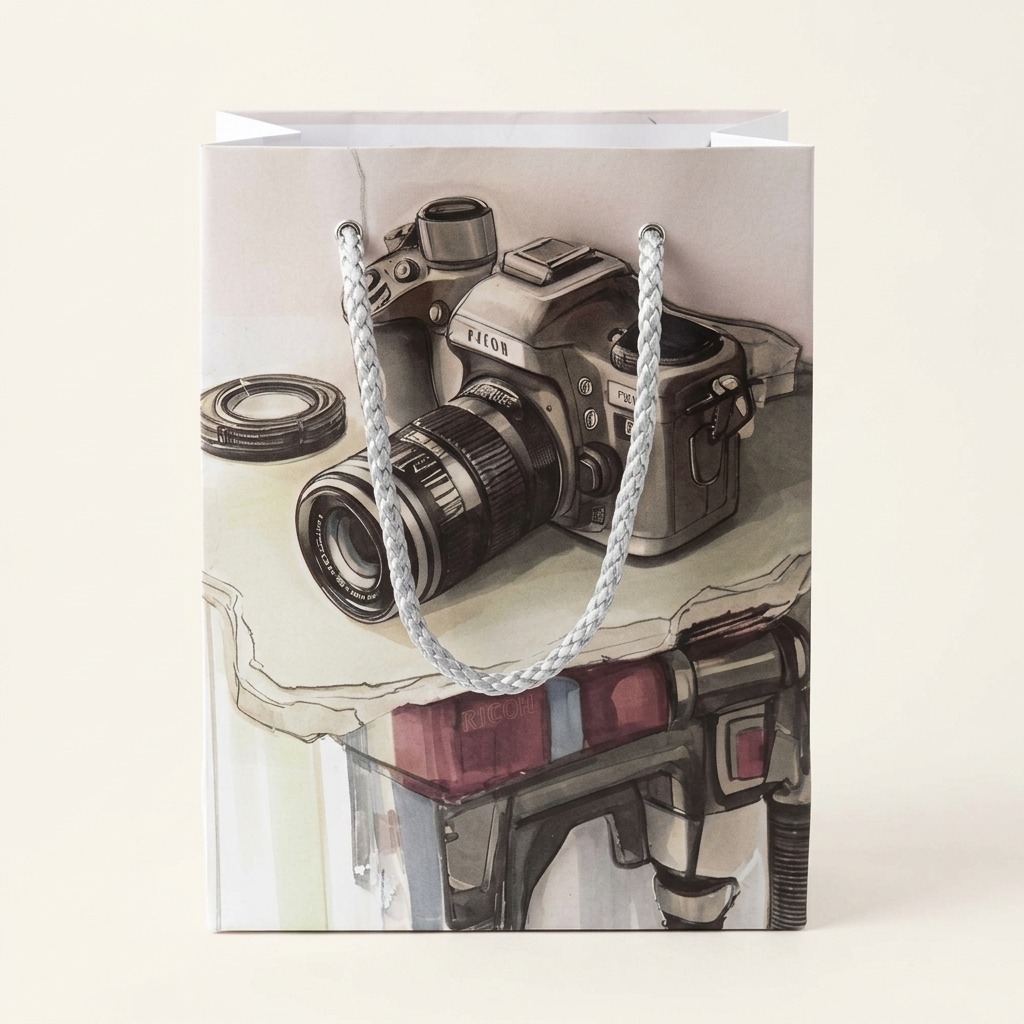 Bolsa de regalo con ilustración de cámara de fotos y asas plateadas, vista frontal