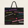 Bolsa negra Happy Birthday con letras multicolores, vista frontal