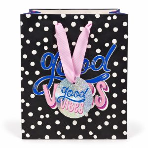 Bolsa de regalo Good Vibes negra con lunares blancos, asas rosas y tarjeta holográfica