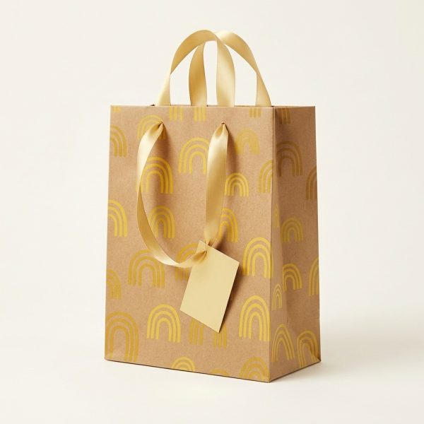 Bolsa de regalo kraft con arcoíris amarillos y asas doradas, vista lateral