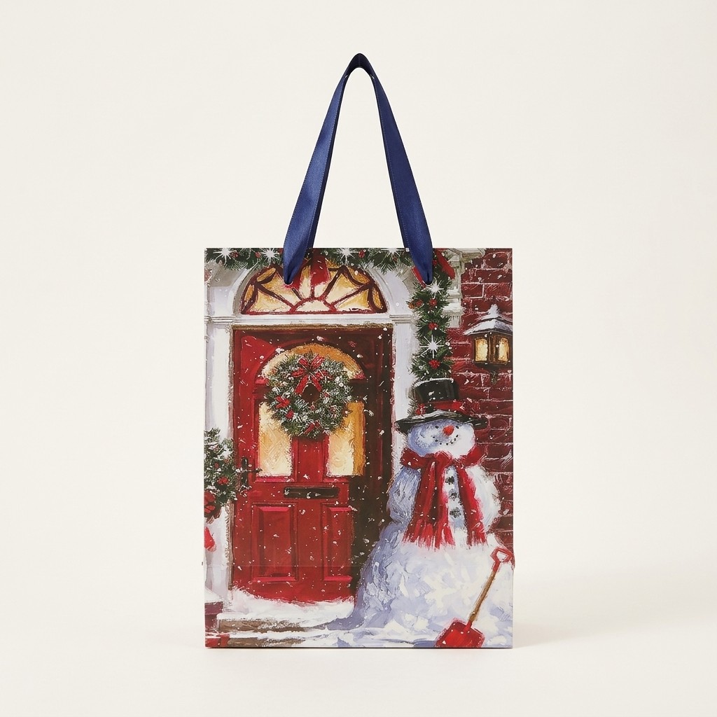 bolsa-regalo-navidad-muneco-nieve-01-portada Bolsa de regalo navideña con muñeco de nieve y puerta roja, vista frontal sobre fondo claro.