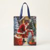 Bolsa de regalo navideña con Papá Noel y muñeco de nieve, vista frontal sobre fondo claro.