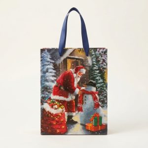 bolsa-regalo-navidad-papa-noel-01-portada Bolsa de regalo navideña con Papá Noel y muñeco de nieve, vista frontal sobre fondo claro.