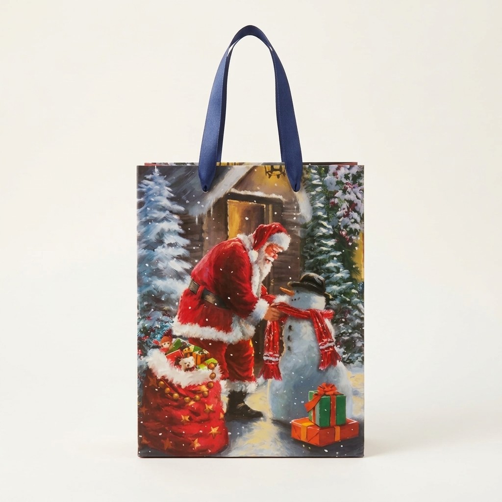 bolsa-regalo-navidad-papa-noel-01-portada Bolsa de regalo navideña con Papá Noel y muñeco de nieve, vista frontal sobre fondo claro.