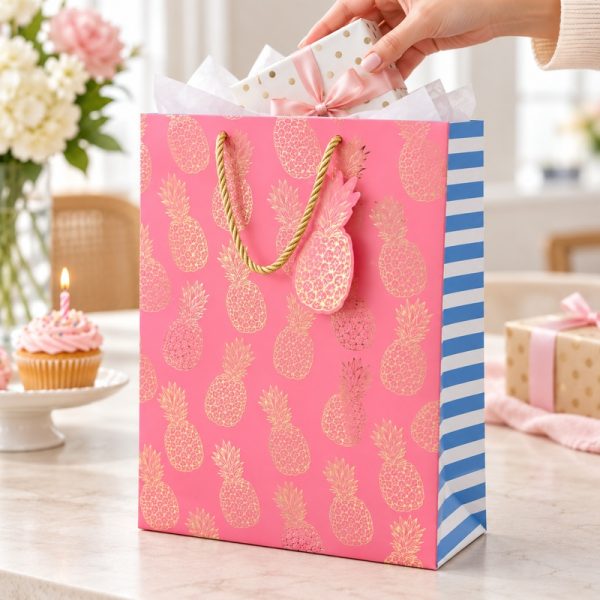 Bolsa de regalo rosa con piñas doradas, en uso para presentar un regalo