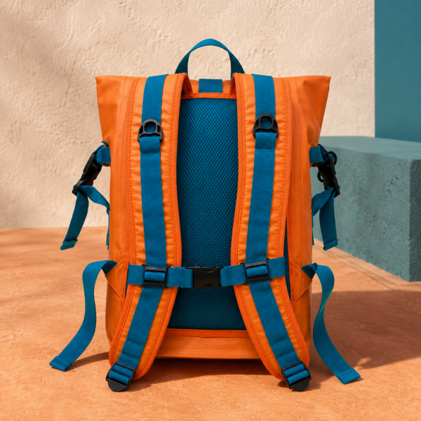 Vista trasera de mochila roll-top naranja con espalda acolchada y tirantes ajustables