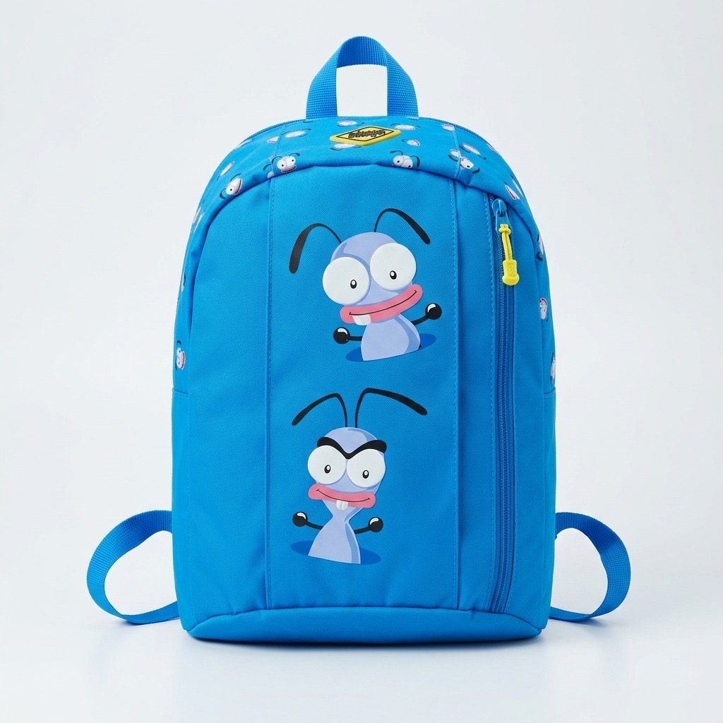 Mochila infantil azul con personajes divertidos - vista frontal Mochila infantil azul con personajes divertidos, vista frontal