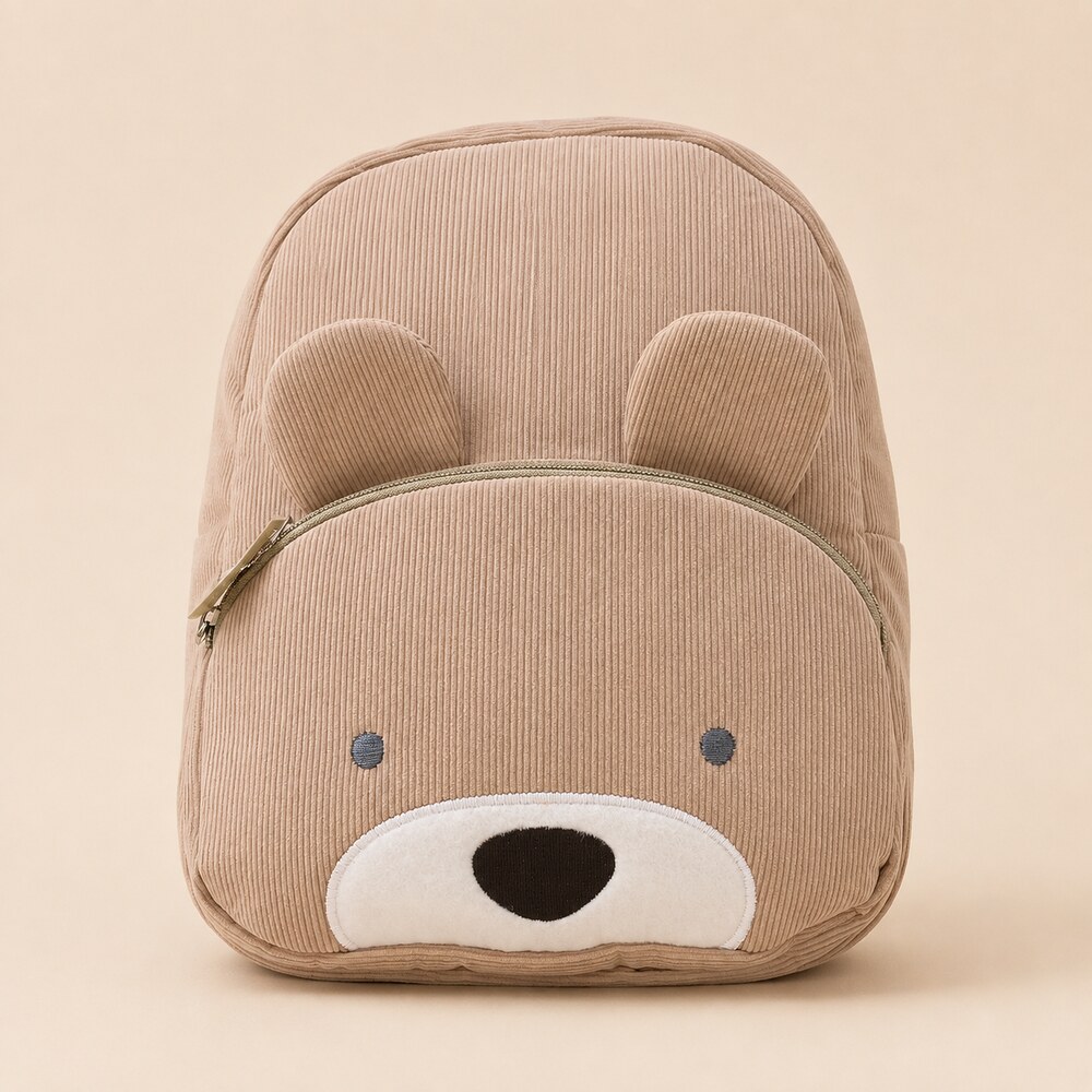 mochila-oso-orejas-beige-frontal-1000 Mochila infantil beige de pana con oso y orejas