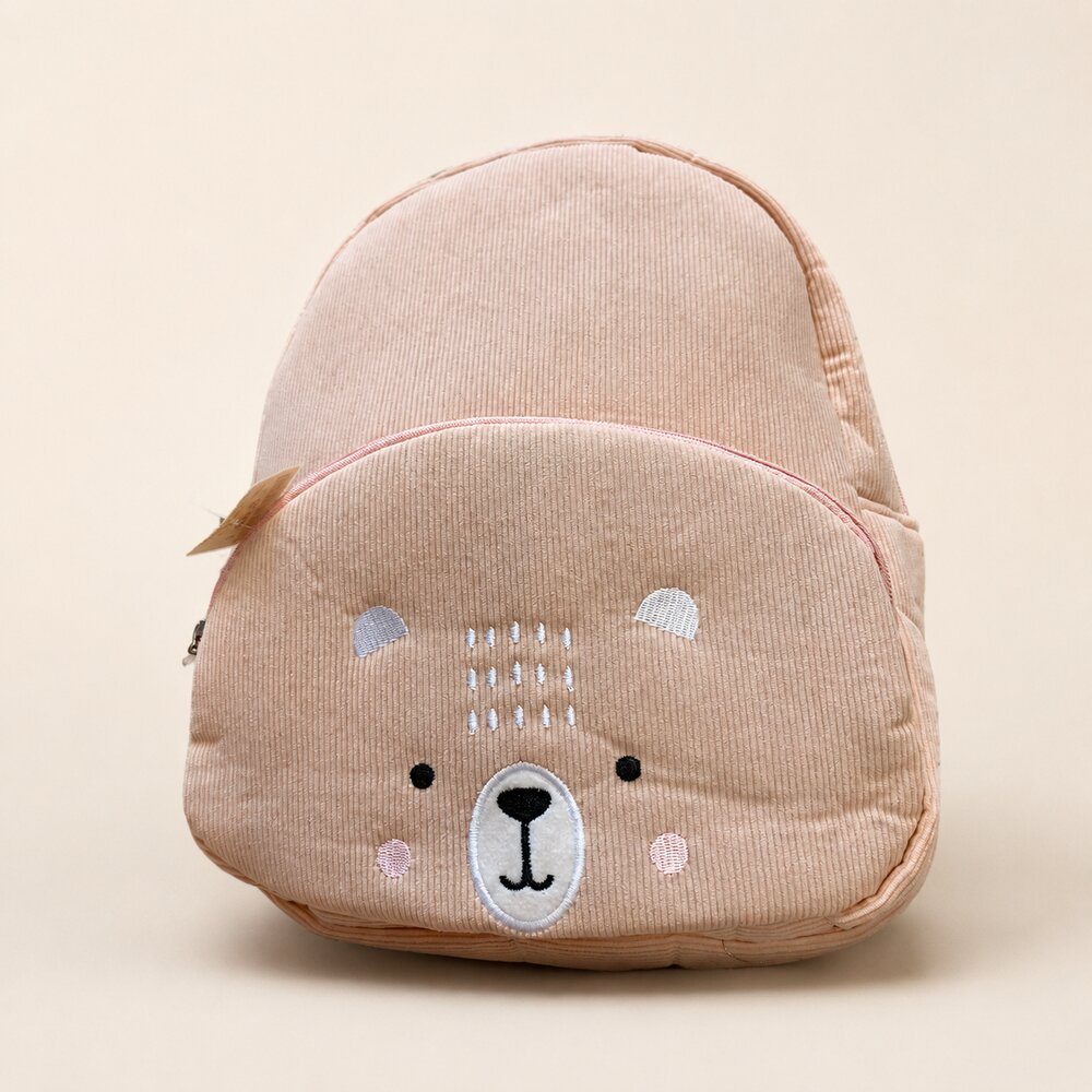 mochila-oso-rosa-frontal-1000 Mochila infantil rosa de pana con osito