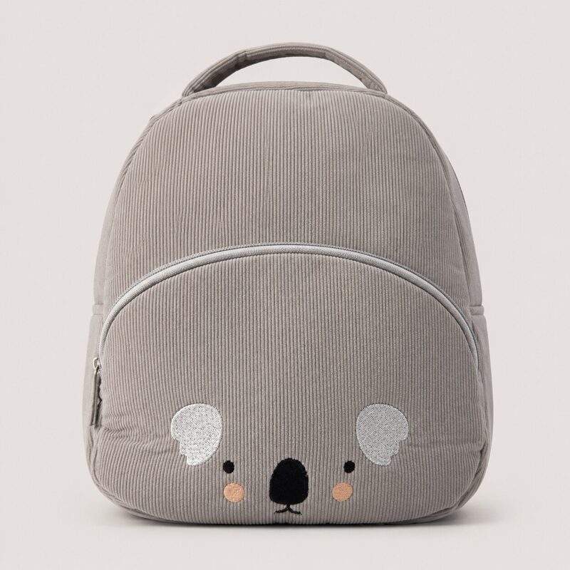 mochila-perrito-gris-frontal-800 Mochila infantil gris de pana con perrito - vista frontal