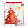 Bolsa de regalo navideña con árboles rojos y estrellas, vista frontal