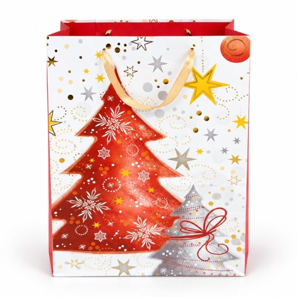 Bolsa de regalo navideña con árboles rojos y estrellas, vista frontal
