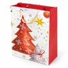 Bolsa de regalo navideña con árboles rojos y estrellas, vista lateral