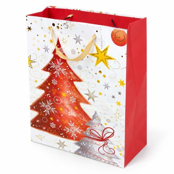 Bolsa de regalo navideña con árboles rojos y estrellas, vista lateral