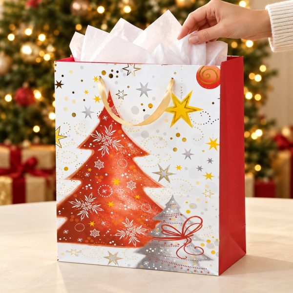 Bolsa de regalo navideña con árboles rojos y estrellas, bolsa en uso con papel de seda decorativo
