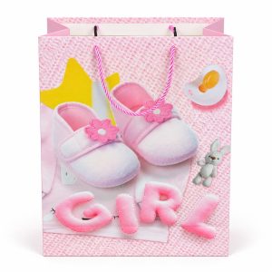 Bolsa de regalo para bebé GIRL rosa con patucos, vista frontal
