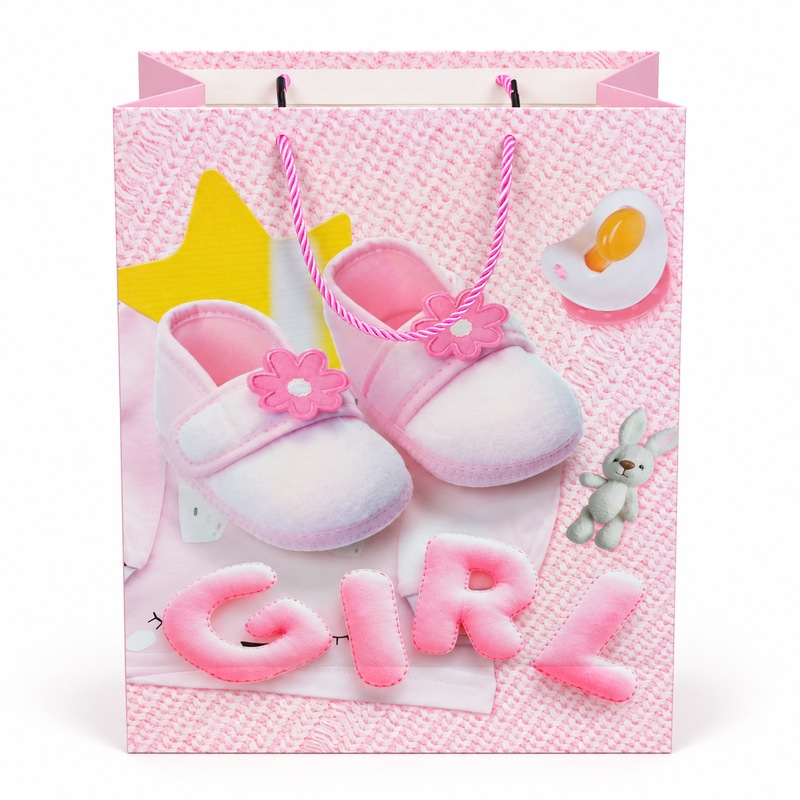 Bolsa de regalo para bebé GIRL rosa con patucos, vista frontal