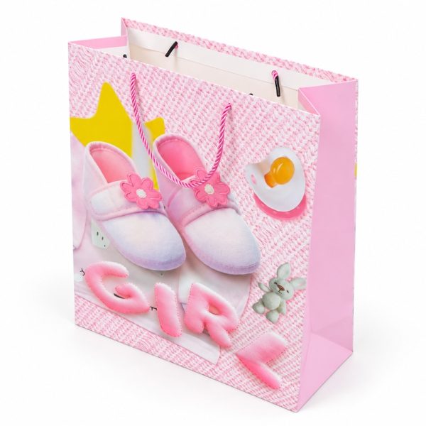 Bolsa de regalo para bebé GIRL rosa con patucos, vista lateral