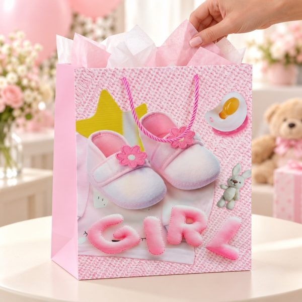 Bolsa de regalo para bebé GIRL rosa con patucos, bolsa en uso con papel de seda decorativo