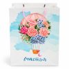 Bolsa de regalo con globo floral y asas rosas, vista frontal