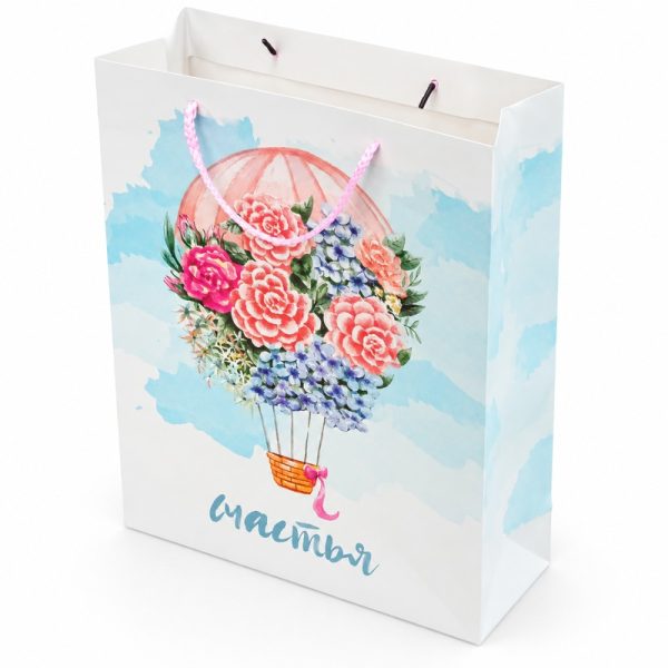 Bolsa de regalo con globo floral y asas rosas, vista lateral