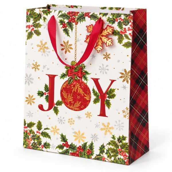 Bolsa de regalo navideña JOY mediana, vista lateral con cuadros escoceses