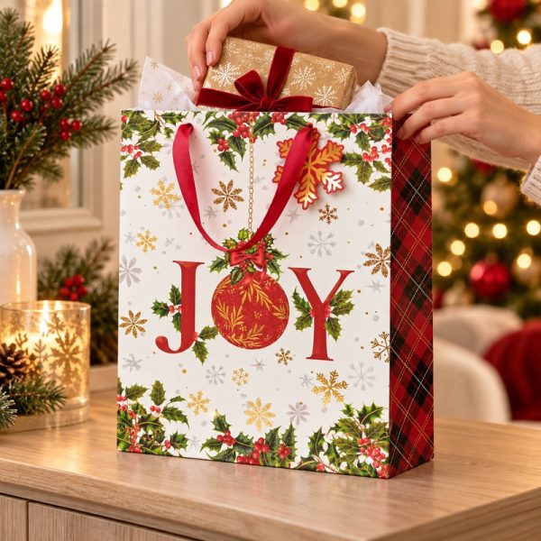 Bolsa de regalo navideña JOY mediana, en uso con regalo