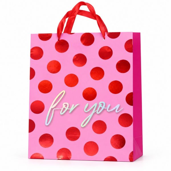 Bolsa de regalo rosa con lunares rojos For You - vista frontal Bolsa de regalo rosa con lunares rojos For You, vista frontal