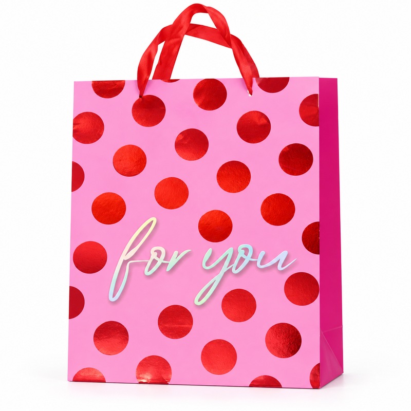 Bolsa de regalo rosa con lunares rojos For You, vista frontal