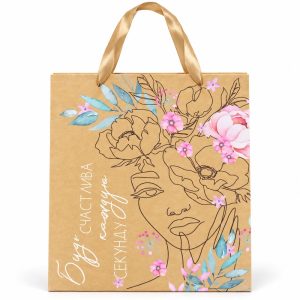 Bolsa de regalo kraft con rostro y flores - vista frontal Bolsa de regalo kraft con rostro y flores, vista frontal