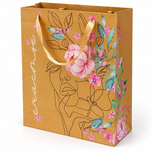 Bolsa de regalo kraft con rostro y flores, otra cara y lateral